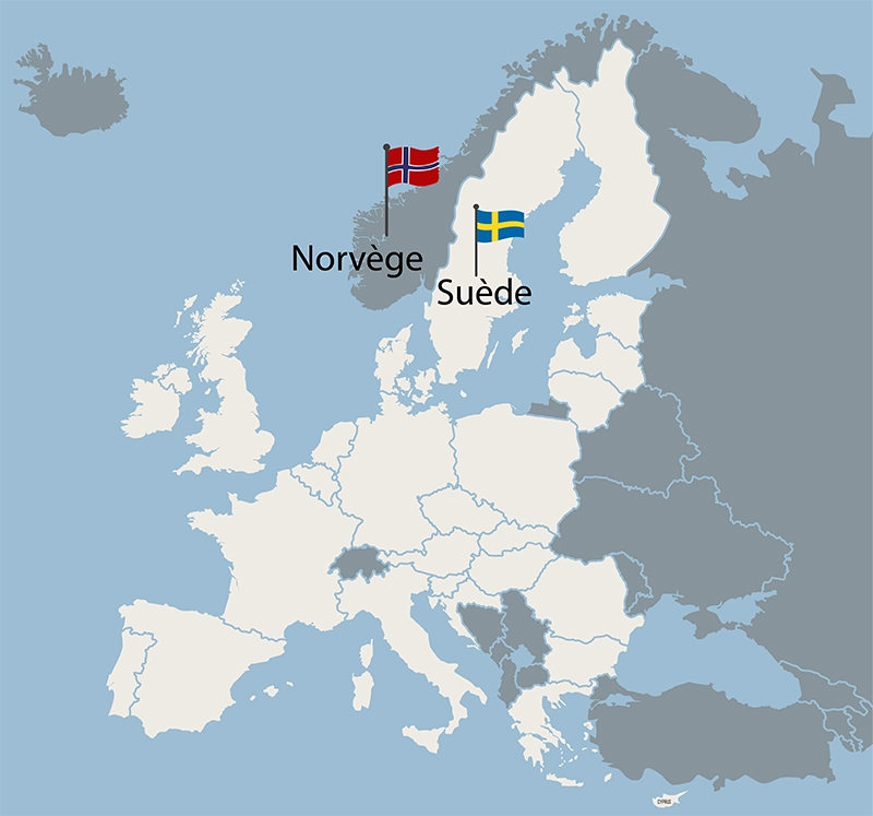 carte Europe avec mise en avant de la Norvège et la Suède