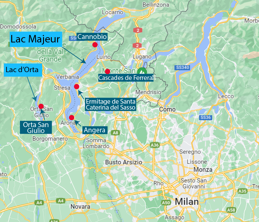 Carte de l'Italie du lac Majeur et Orta avec points de visites Flip in Blue