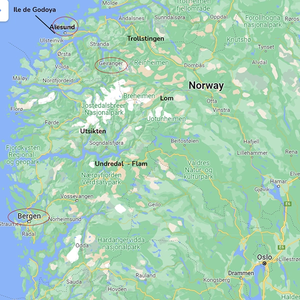Carte de la région des fjords avec endroits visités